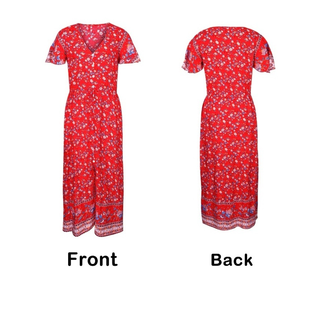 Temofon red, blue & yellow floral v neck boho maxi dress size small